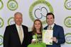 Michael Bennet (l) from PGT Reclaimed from Vietnam presents the Green Apple Award to Plaswood's Katherine Lorek-Wallace and Hubbub's Adam Robinson Photo: The Green Organisation