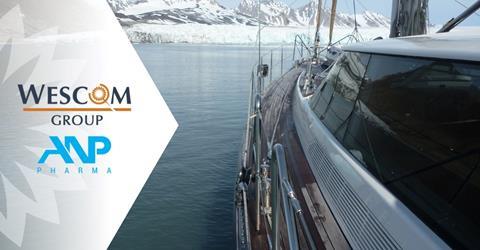 ANP Pharma/Wescom Group logo and a picture of a sailing yacht with mountains in the background